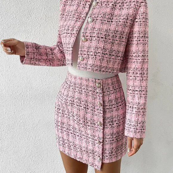 Pink Elegant Women's Plaid Button Front Crop Jacket & Skirt - Picture 4 of 6
